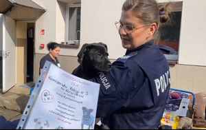 Na zdjęciu policjantka z psem na rękach, widać też wręczany jej dyplom.