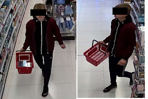 Na zdjęciu dwa ujęcia tego samego podejrzanego w sklepie drogeryjnym. Ma już komputerowo zasłonięta twarz.