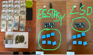 Na zdjęciu - składanka z 3 zdjęć od lewej banknoty zabezpieczone u handlarza, pod nimi marihuana a po prawej twarde narkotyki w postaci listka - znaczka to LSD i prostokąciki to extazy.