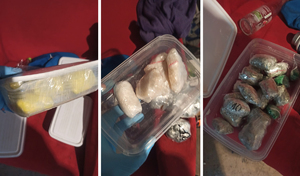 Składanka trzech zdjęć na których widać pudełka plastikowe a w nich bryły substancji oraz duże porcje suszu marihuany